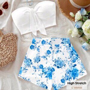 SOLEIA 2PC BLUE FLORAL PATTERN TUBE TOP WITH SHORTS
